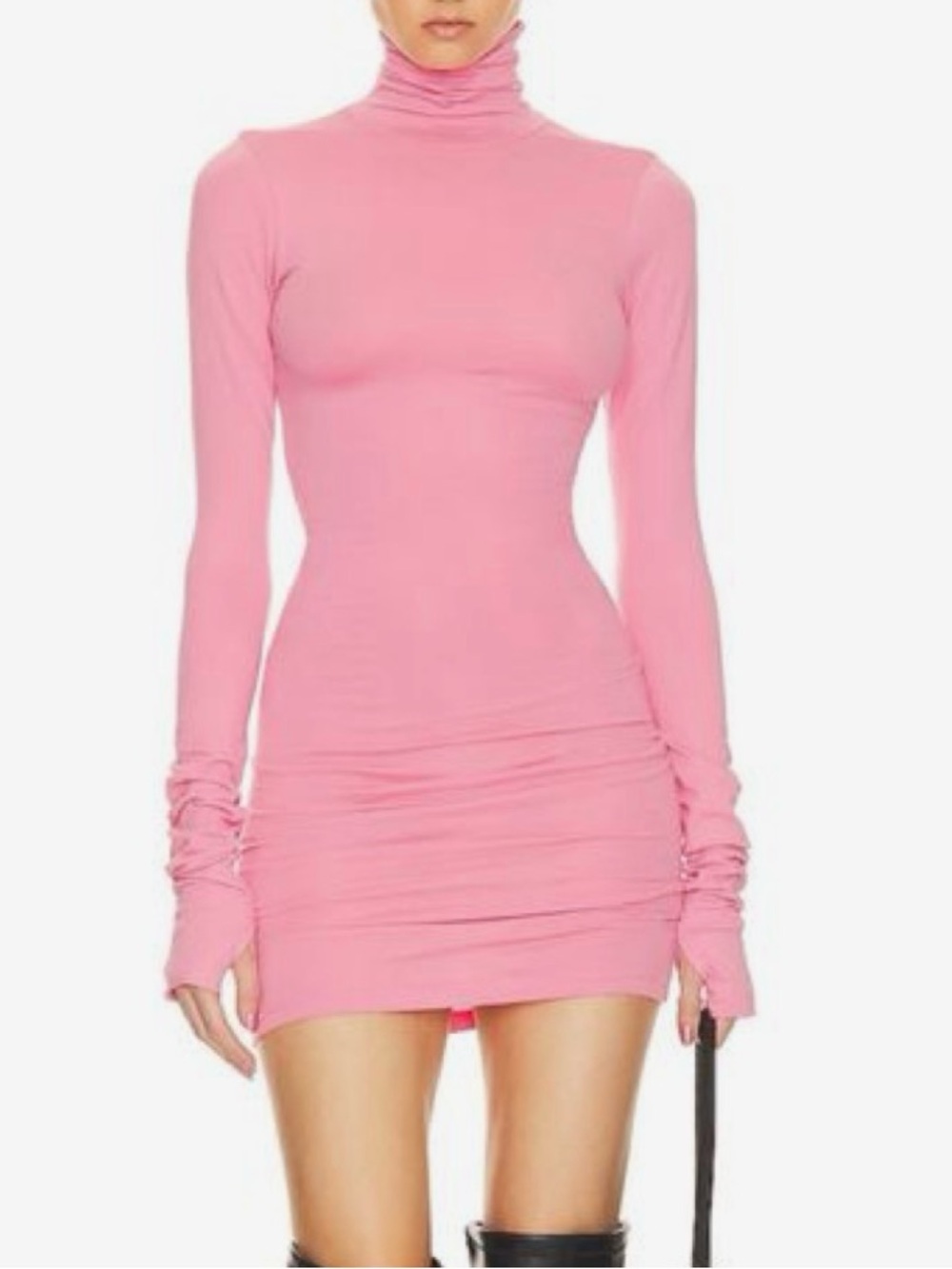 Long-Sleeve Pink Turtleneck Ruched Mini Dress
